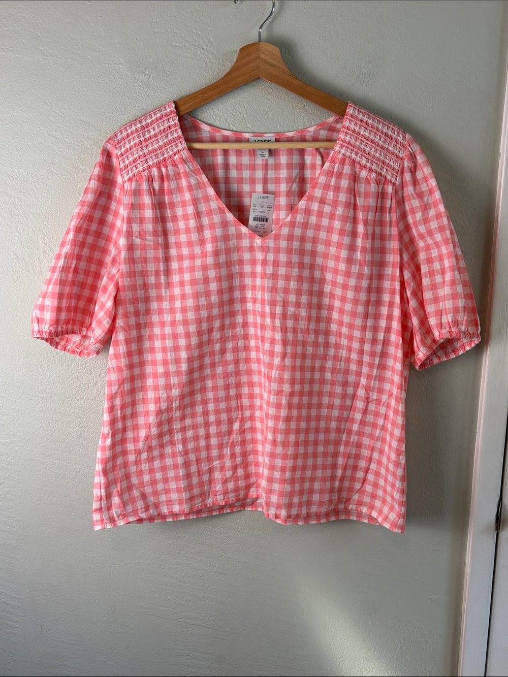 J. Crew Pink Gingham V-Neck Smocked Shoulder Top